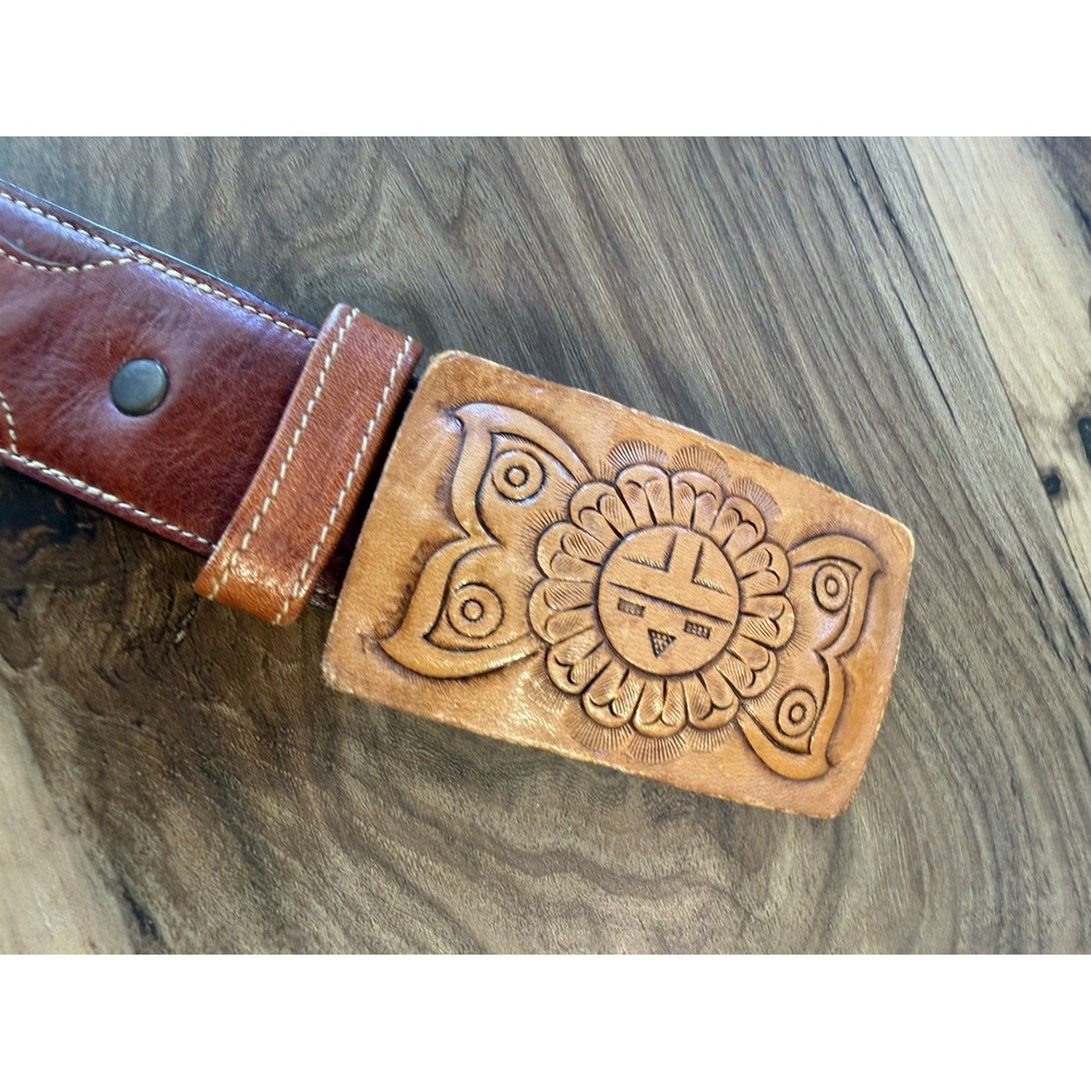 Vintage Western Leather Belt Larry Mahan Style Sun Face Buckle Brown 34
